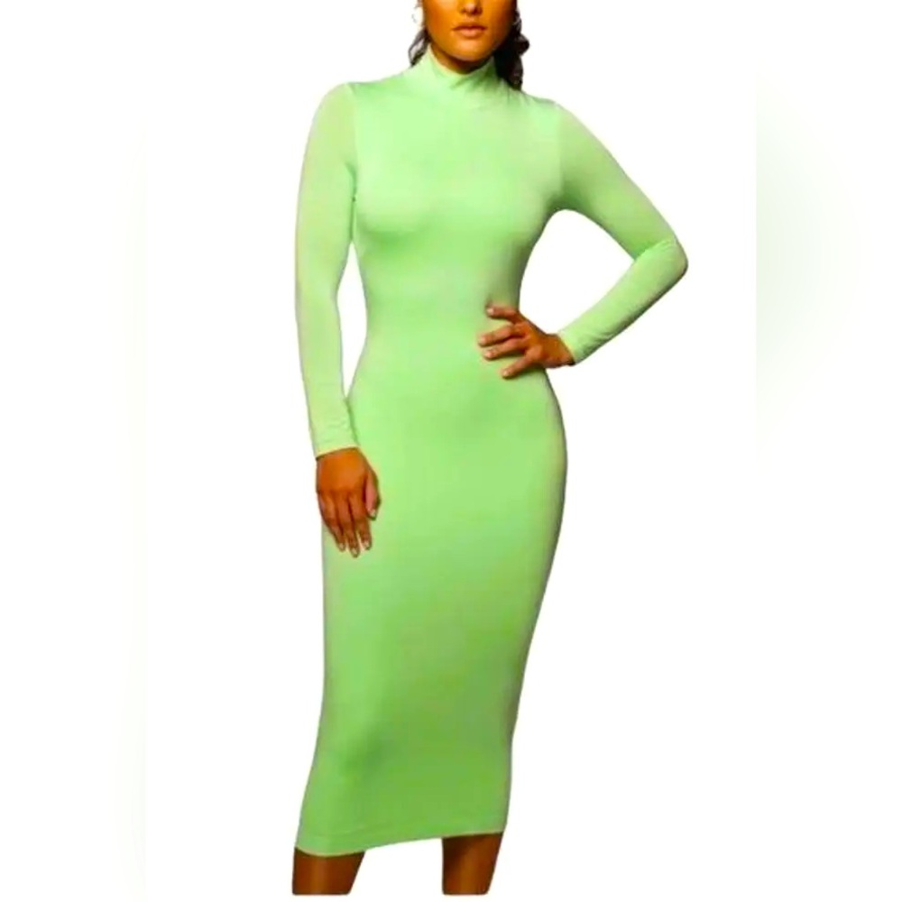 🍊JLUXLABEL NEW Womens Bodycon Midi Dress Lime Green Long Sleeve Lined🍊